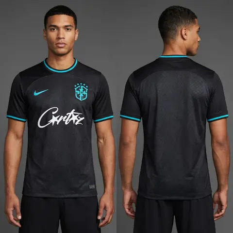 Model wearing Corteiz x Brazil Shadow and Teal Limited Jersey, a Touchline Drip football x streetwear jersey