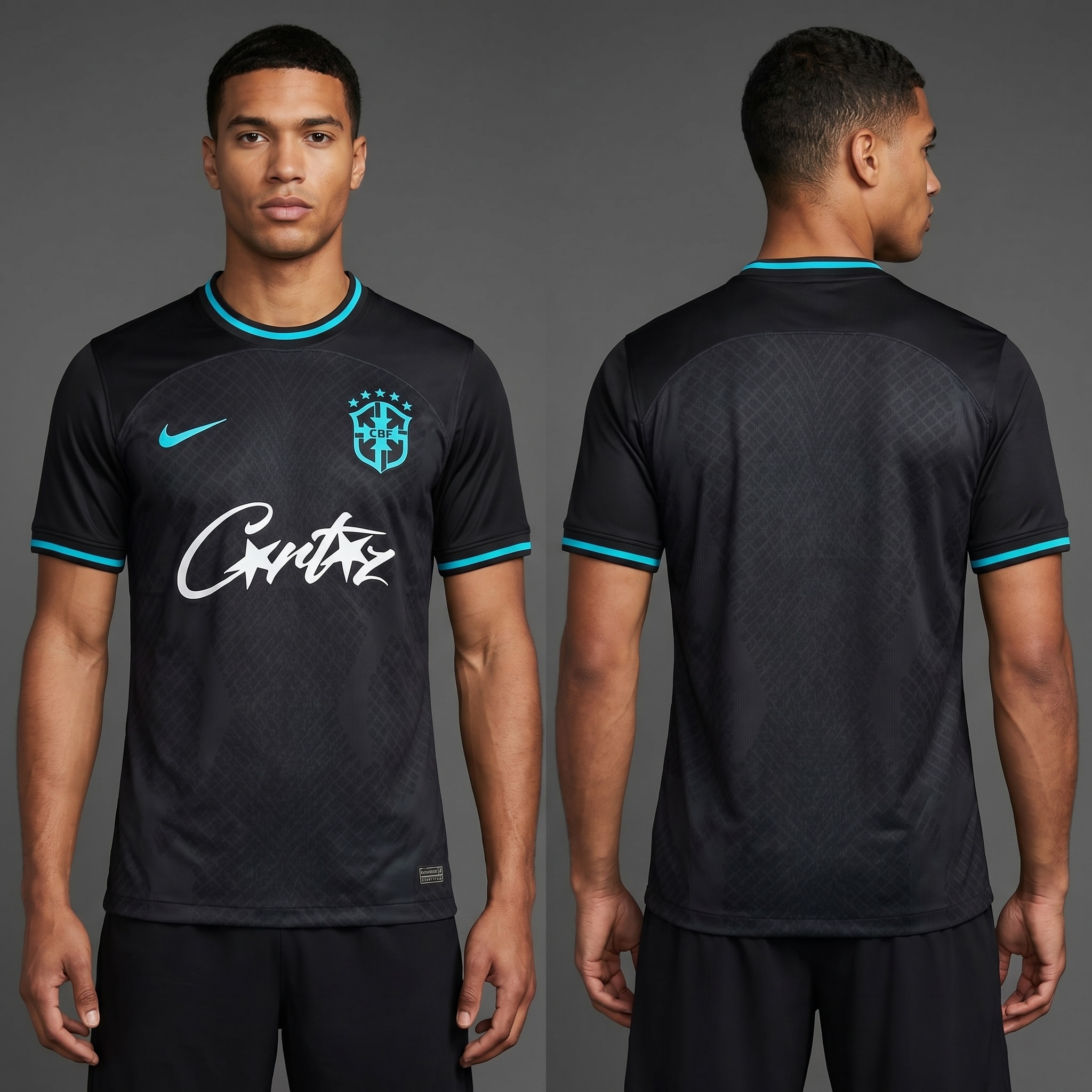 Model wearing Corteiz x Brazil Shadow and Teal Limited Jersey, a Touchline Drip fantasy football-inspired jersey