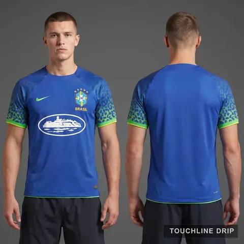 Model wearing Corteiz x Brazil "leopard Wave Armada" Concept Jersey – Dynamic Blue/volt, a Touchline Drip football x streetwear jersey