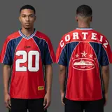 Model wearing Corteiz Crimson Strike 20 Jersey, a Touchline Drip football x streetwear jersey