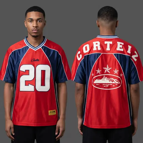 Model wearing Corteiz Crimson Strike 20 Jersey, a Touchline Drip football x streetwear jersey