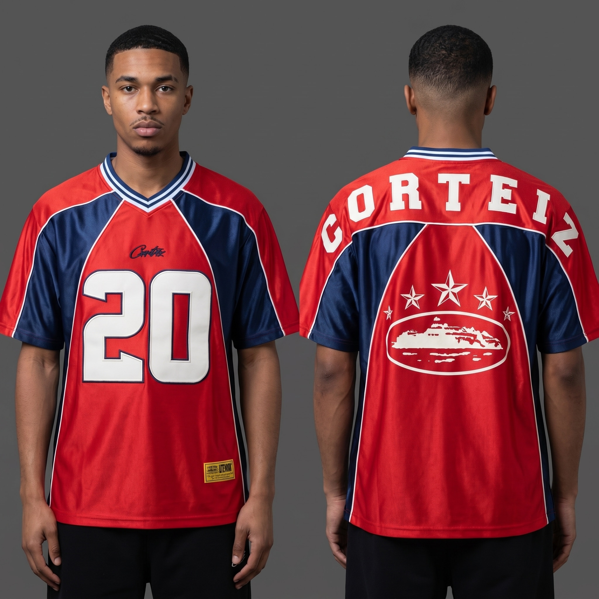 Model wearing Corteiz Crimson Strike 20 Jersey, a Touchline Drip fantasy football-inspired jersey