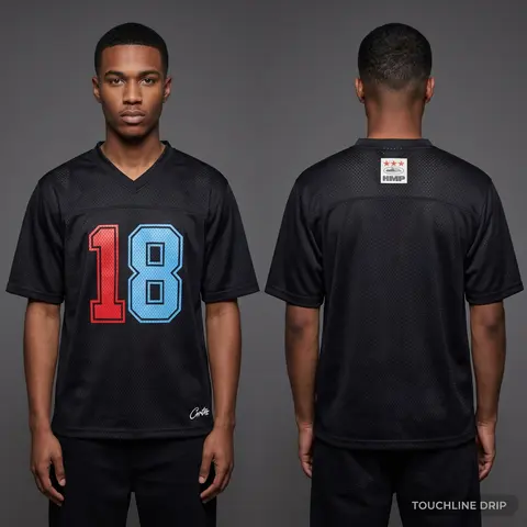 Model wearing Corteiz HMP Mesh Panel Jersey Black, a Touchline Drip football x streetwear jersey