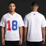 Model wearing Corteiz HMP Mesh Panel Jersey White, a Touchline Drip football x streetwear jersey