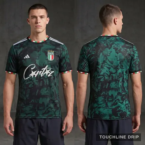 Model wearing Corteiz x Italy 2024 Special Edition Jersey, a Touchline Drip football x streetwear jersey