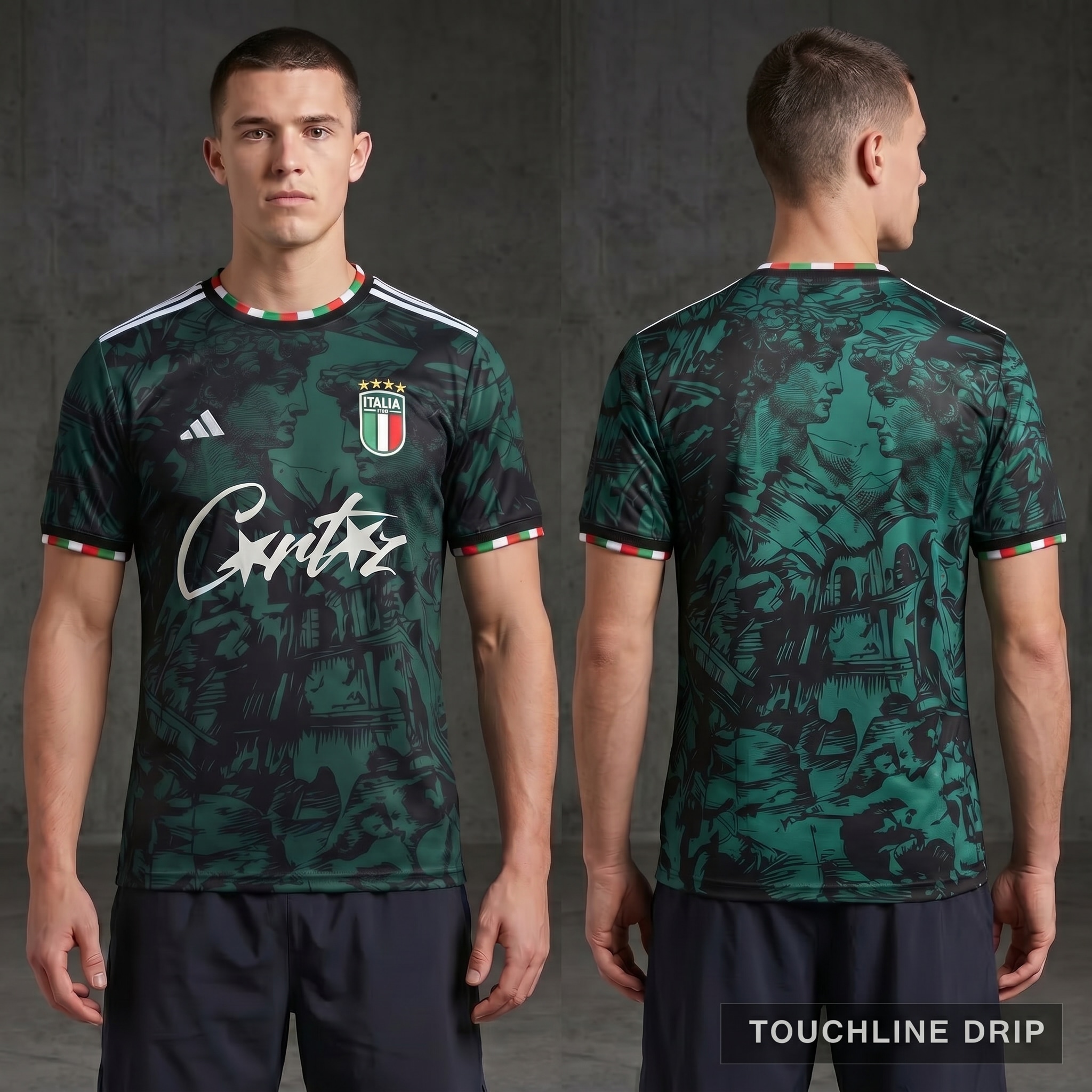 Model wearing Corteiz x Italy 2024 Special Edition Jersey, a Touchline Drip fantasy football-inspired jersey