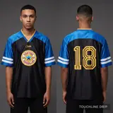 Model wearing Corteiz Da Magpies Jersey, a Touchline Drip football x streetwear jersey