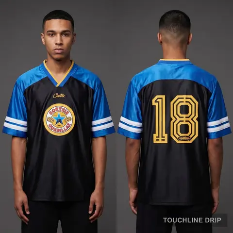Model wearing Corteiz Da Magpies Jersey, a Touchline Drip football x streetwear jersey