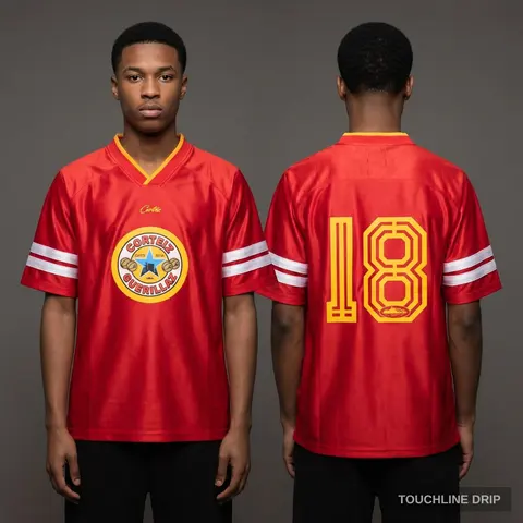 Model wearing Corteiz Da Magpies Red Jersey, a Touchline Drip football x streetwear jersey