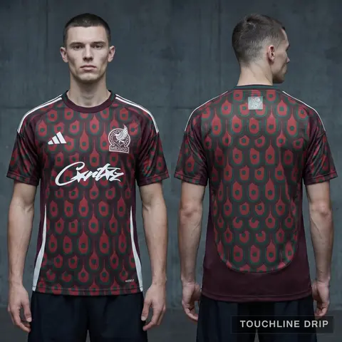 Model wearing Mexico x CRTZ 2024 Home Jersey, a Touchline Drip football x streetwear jersey