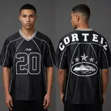 Model wearing Corteiz Midnight Blaze 20 Jersey, a Touchline Drip football x streetwear jersey