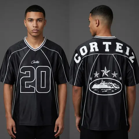 Model wearing Corteiz Midnight Blaze 20 Jersey, a Touchline Drip football x streetwear jersey