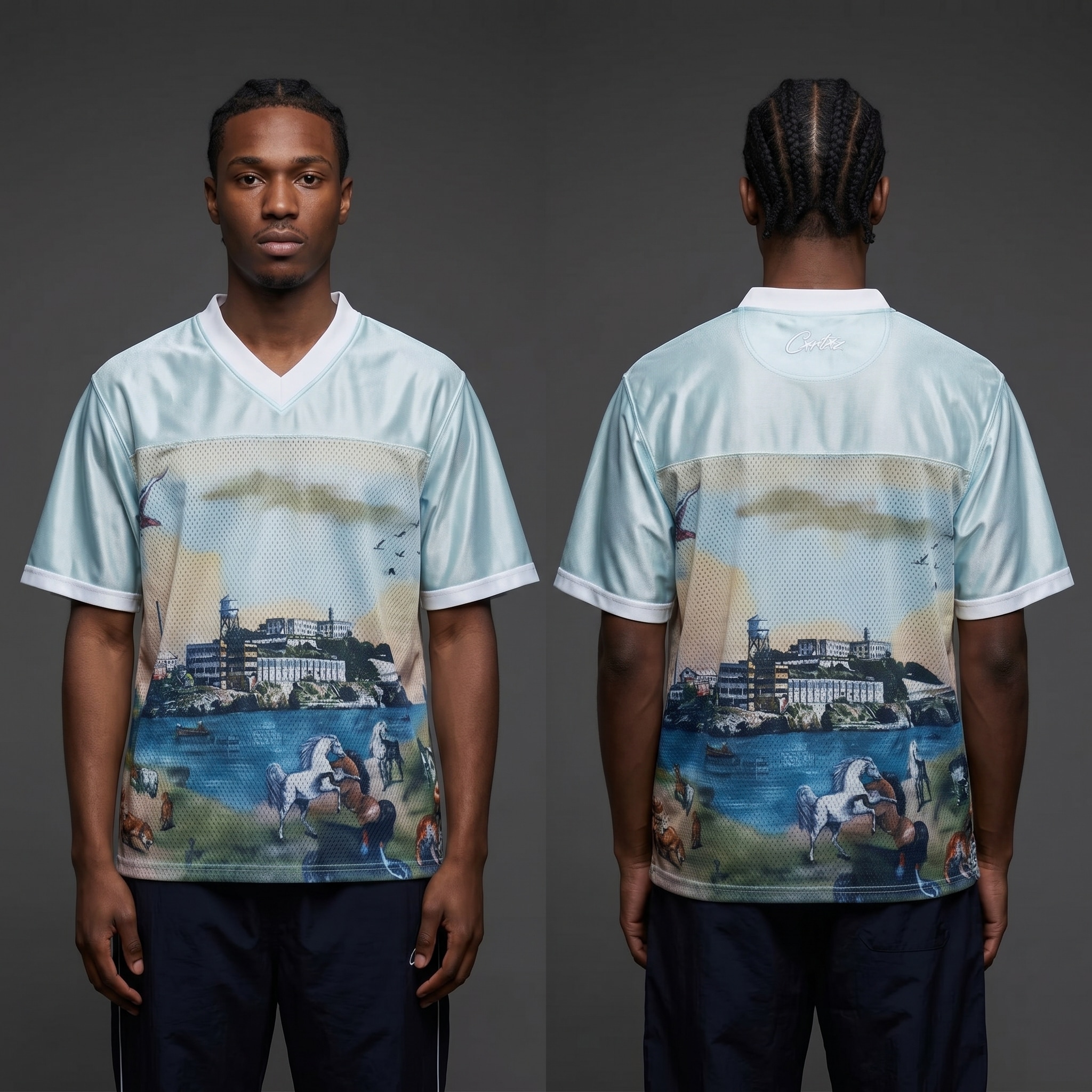 Model wearing Corteiz Narnia Football Jersey Blue/cream, a Touchline Drip fantasy football-inspired jersey