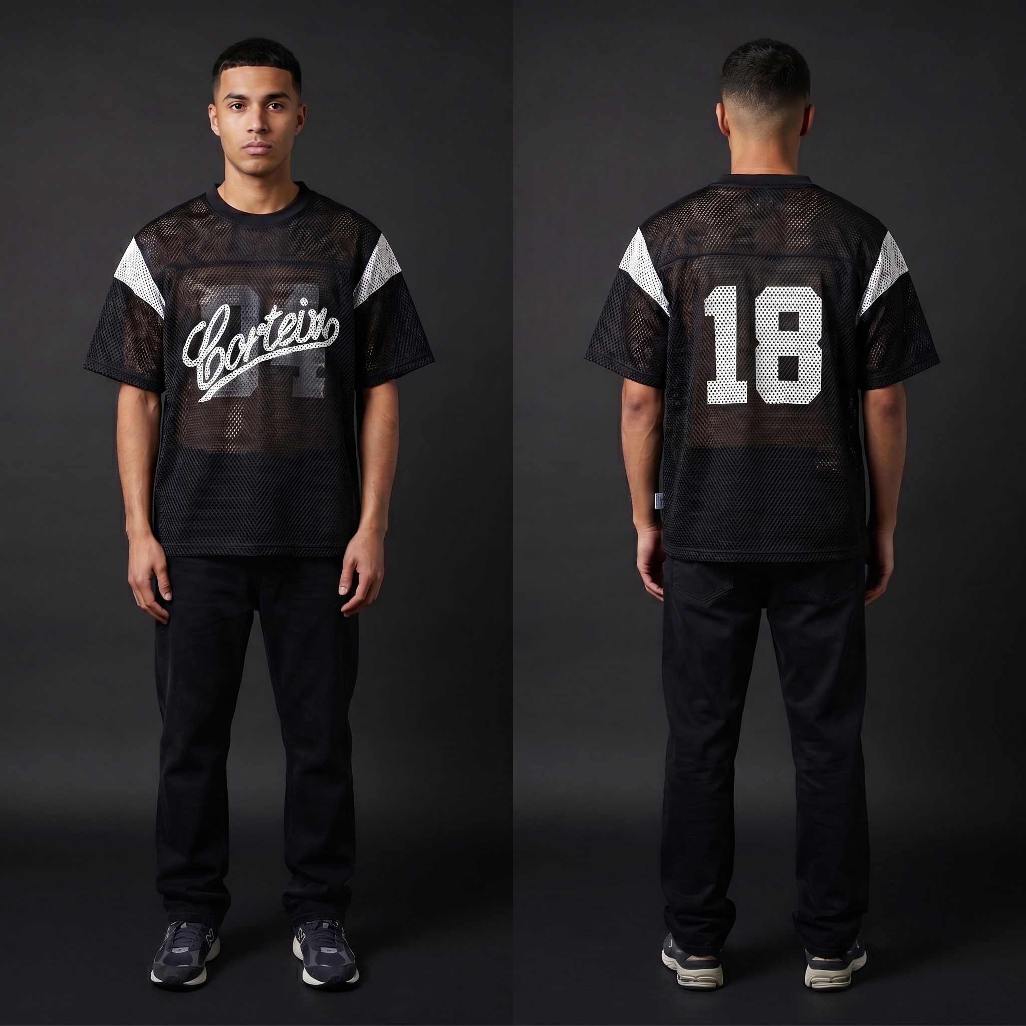 Model wearing Corteiz Open Mesh Panel Jersey Black/white, a Touchline Drip fantasy football-inspired jersey