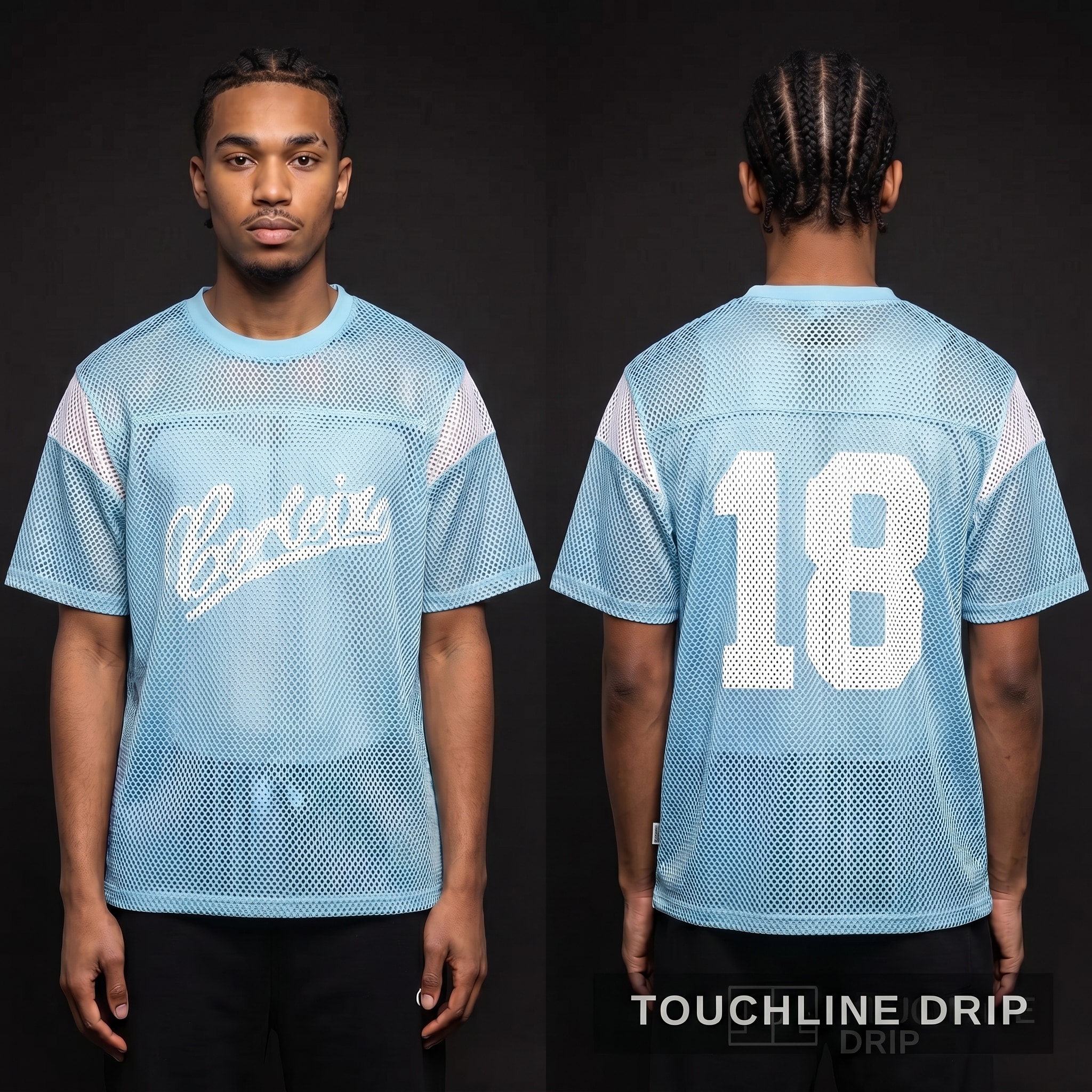 Model wearing Corteiz Open Mesh Panel Jersey 'baby Blue White', a Touchline Drip fantasy football-inspired jersey