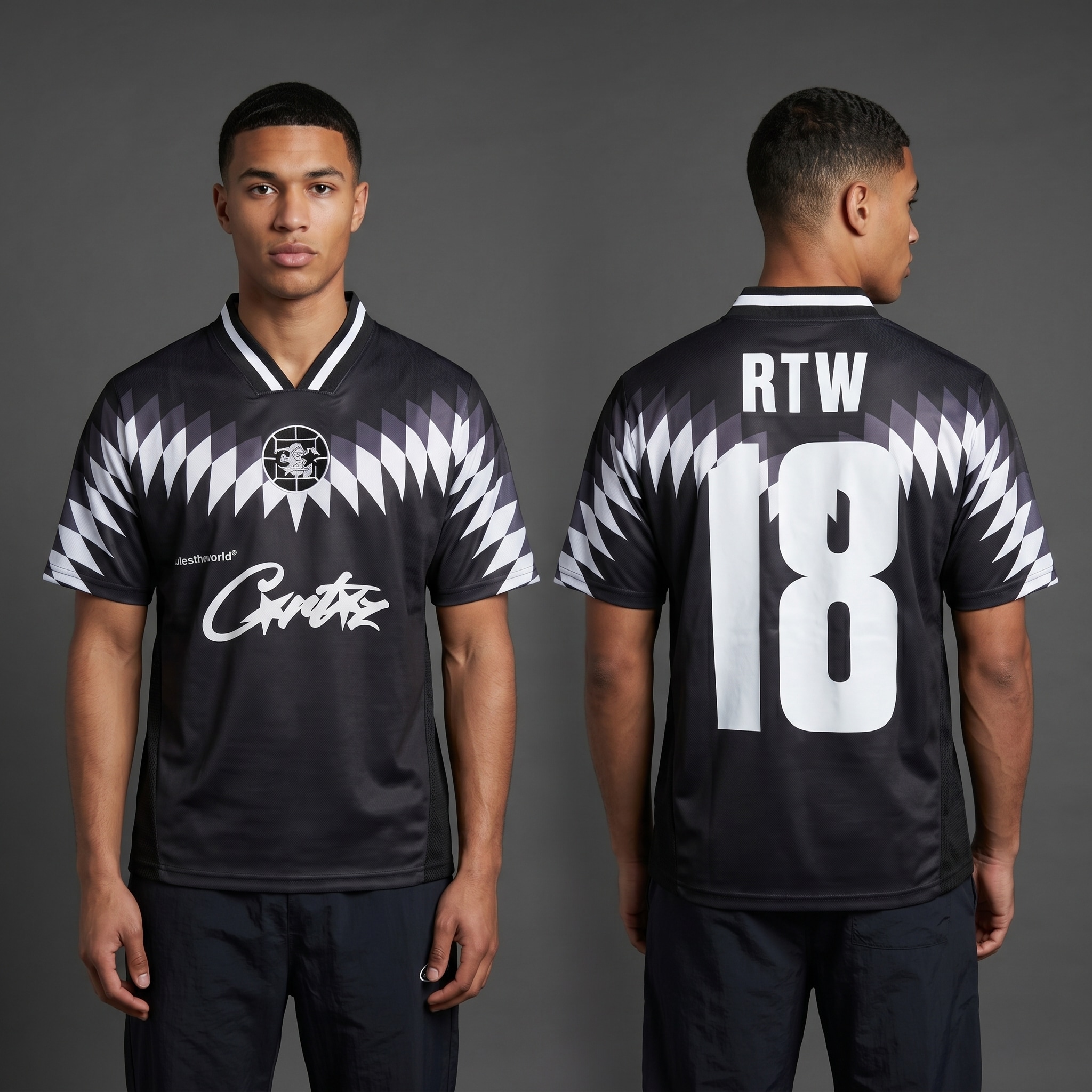 Model wearing Corteiz Club RTW Football Jersey Black, a Touchline Drip fantasy football-inspired jersey