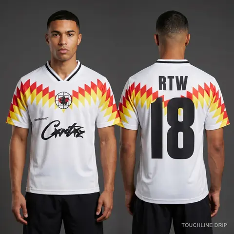 Model wearing Corteiz Club RTW Germany Football Jersey, a Touchline Drip football x streetwear jersey