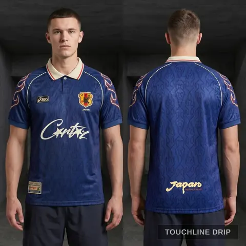 Model wearing Corteiz x Asics Japan 1998 Concept Jersey, a Touchline Drip football x streetwear jersey