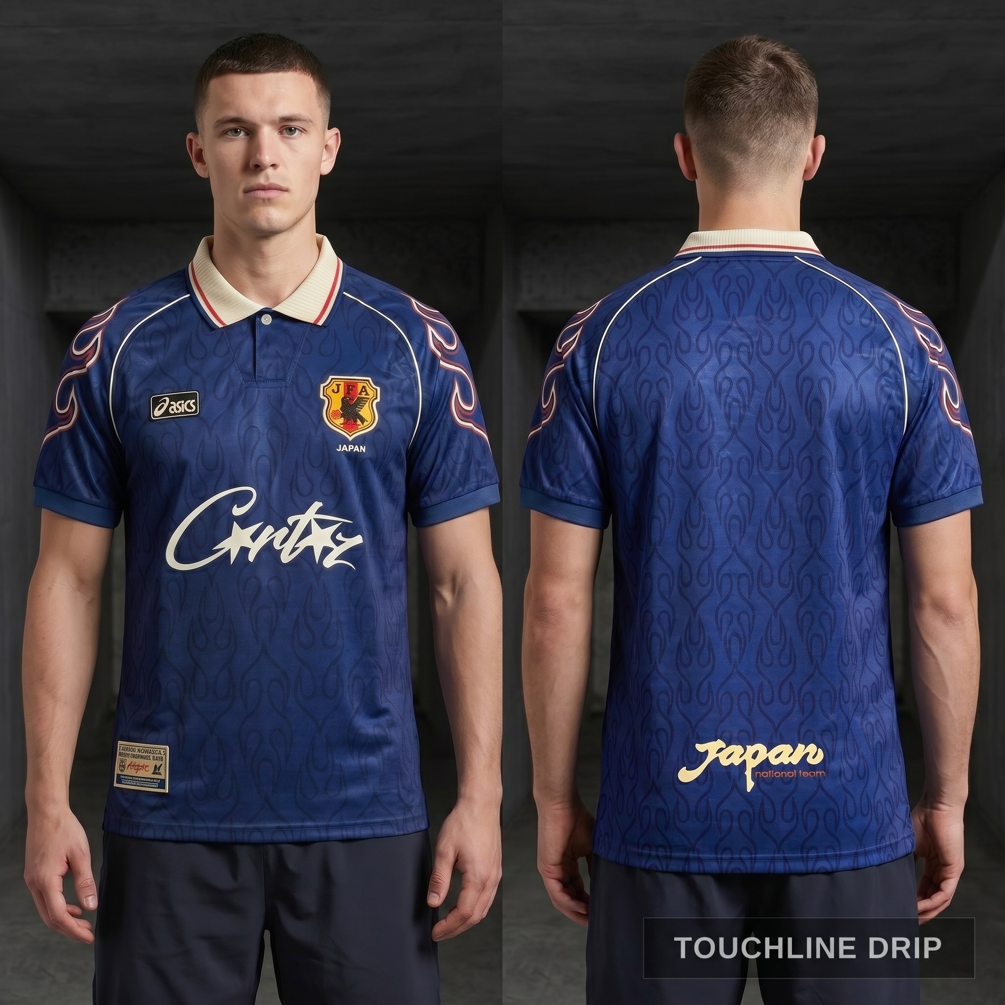 Model wearing Corteiz x Asics Japan 1998 Concept Jersey, a Touchline Drip fantasy football-inspired jersey