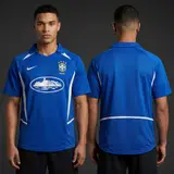 Model wearing Corteiz x Brazil Blue 2002 Inspired Special Edition Jersey, a Touchline Drip football x streetwear jersey