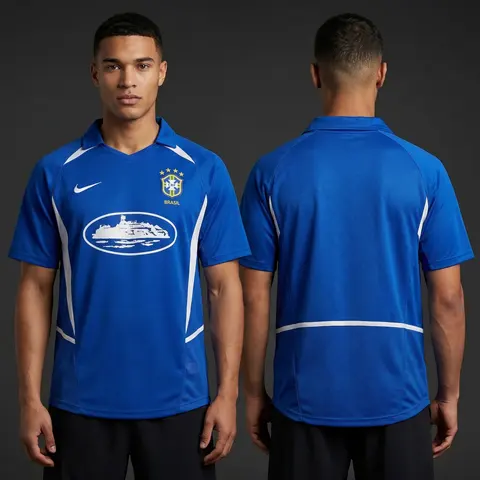 Model wearing Corteiz x Brazil Blue 2002 Inspired Special Edition Jersey, a Touchline Drip football x streetwear jersey