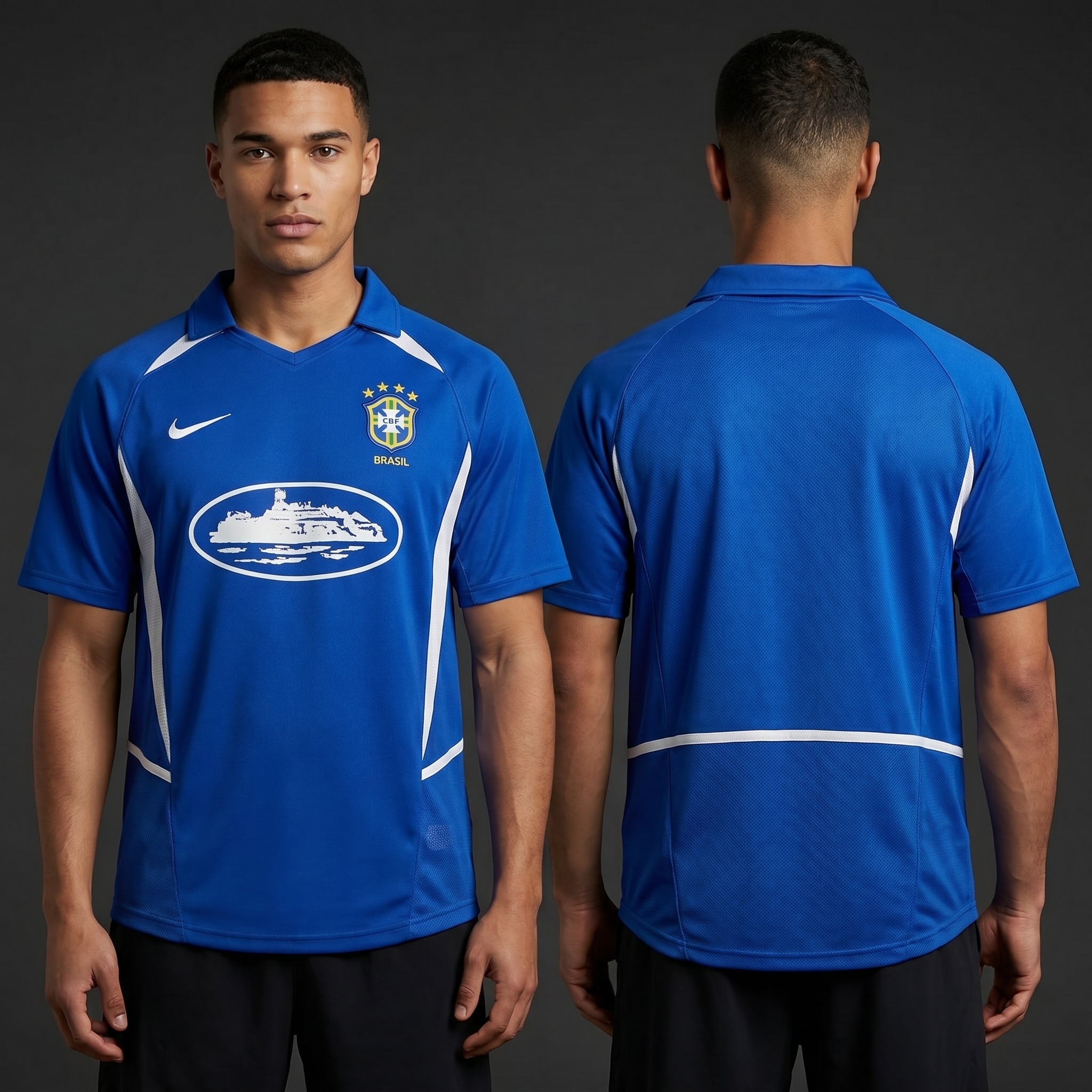 Model wearing Corteiz x Brazil Blue 2002 Inspired Special Edition Jersey, a Touchline Drip fantasy football-inspired jersey