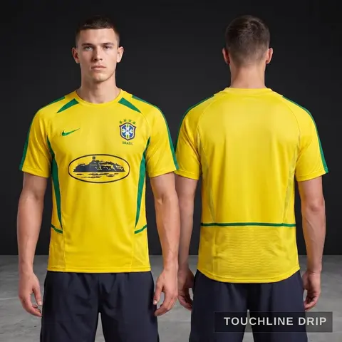 Model wearing Corteiz x Brazil Yellow 2002 Inspired Special Edition Jersey, a Touchline Drip football x streetwear jersey