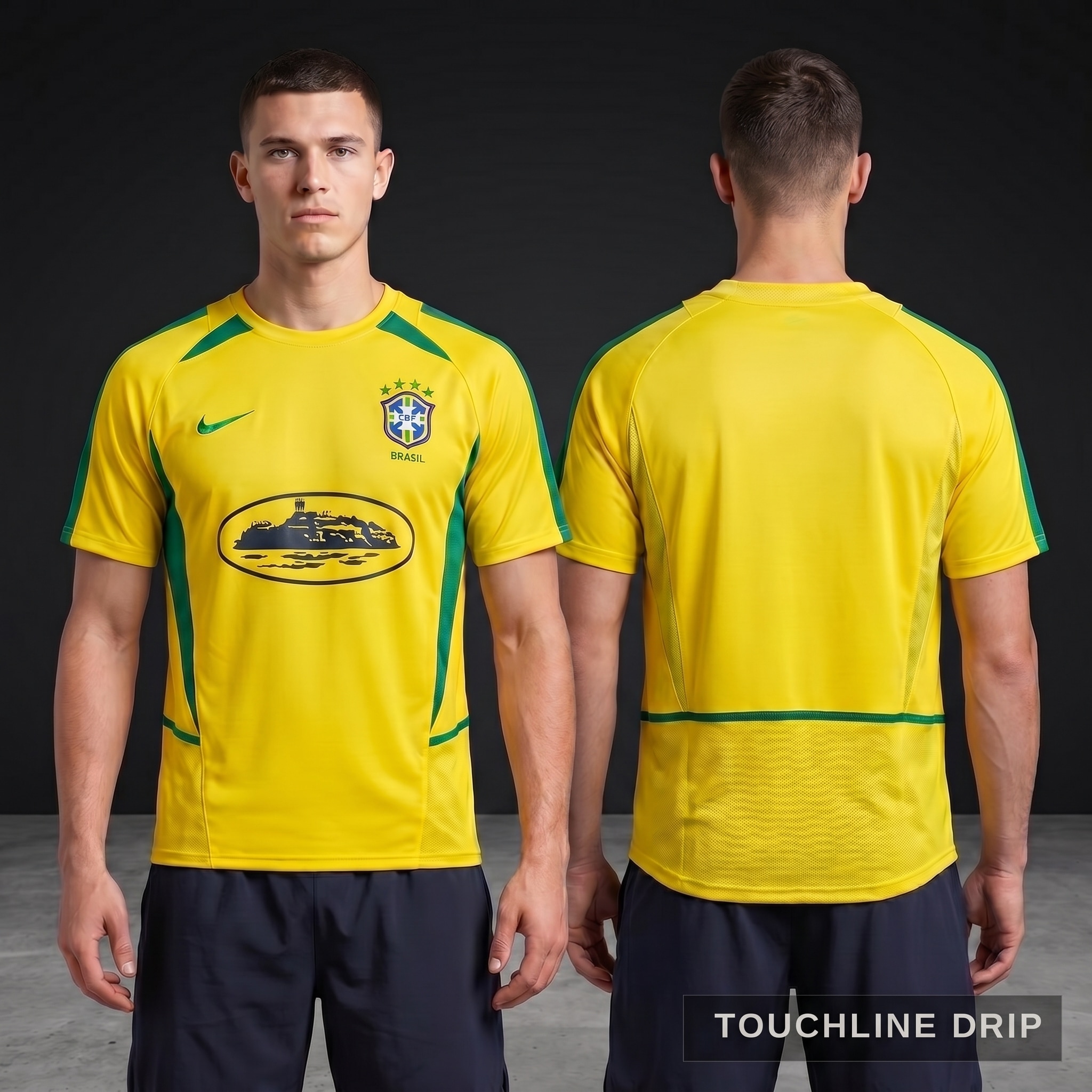 Model wearing Corteiz x Brazil Yellow 2002 Inspired Special Edition Jersey, a Touchline Drip fantasy football-inspired jersey
