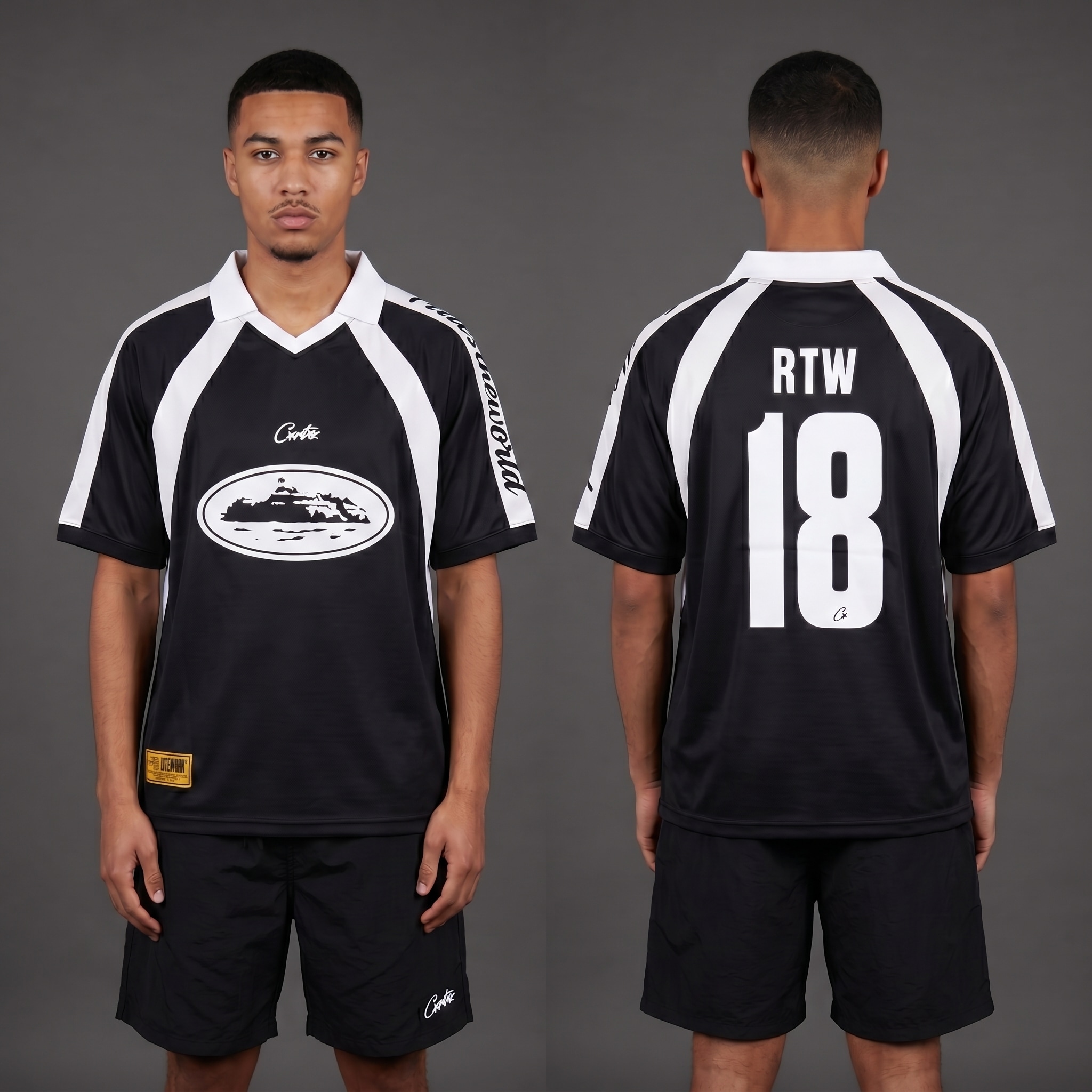 Model wearing Corteiz Black Alcatraz Jersey, a Touchline Drip fantasy football-inspired jersey