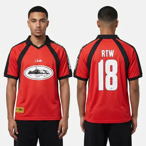 Model wearing Corteiz Red Alcatraz Jersey, a Touchline Drip football x streetwear jersey