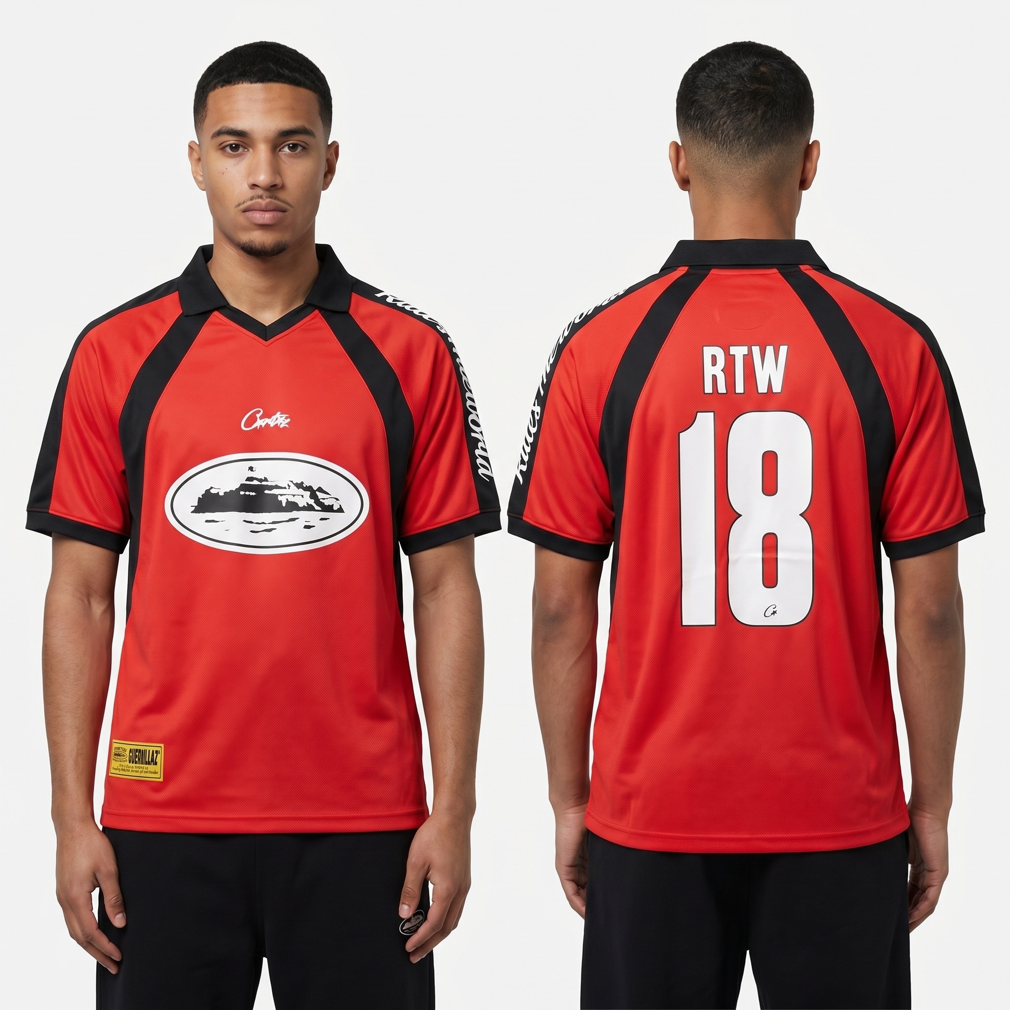 Model wearing Corteiz Red Alcatraz Jersey, a Touchline Drip fantasy football-inspired jersey
