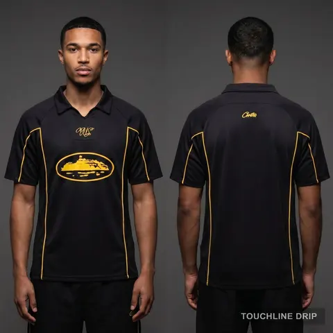 Model wearing Corteiz Black Talismo Jersey, a Touchline Drip football x streetwear jersey