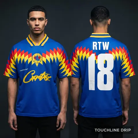 Model wearing Corteiz Club América Blue Jersey, a Touchline Drip football x streetwear jersey