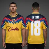 Model wearing Corteiz Club America Yellow Jersey, a Touchline Drip football x streetwear jersey