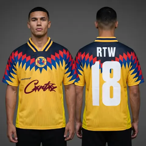 Model wearing Corteiz Club America Yellow Jersey, a Touchline Drip football x streetwear jersey