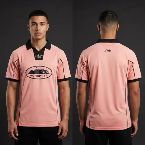 Model wearing Corteiz Pink Talismo Jersey, a Touchline Drip football x streetwear jersey