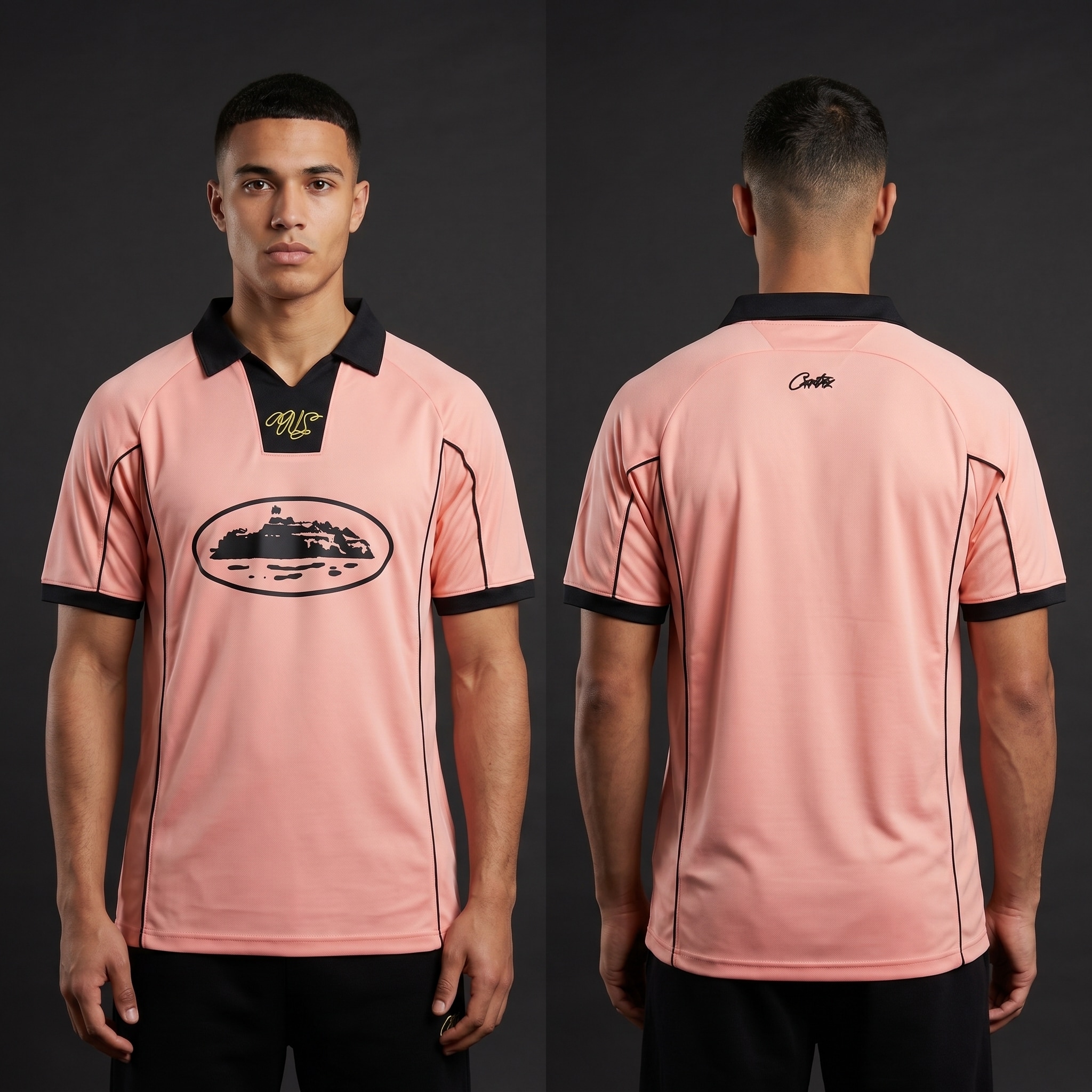 Model wearing Corteiz Pink Talismo Jersey, a Touchline Drip fantasy football-inspired jersey