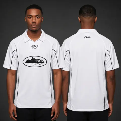 Model wearing Corteiz White Talismo Jersey, a Touchline Drip football x streetwear jersey