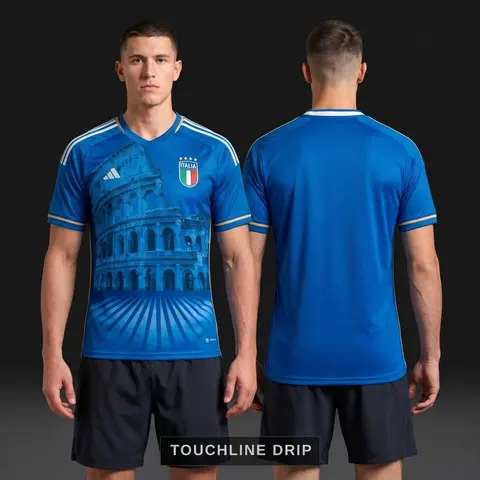 Model wearing Italy Deep Blue Colloseum Jersey, a Touchline Drip football x streetwear jersey