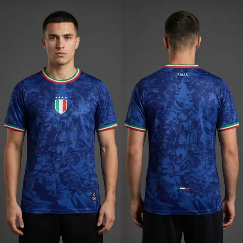 Model wearing Italy Vittoria Divina Premium Kit, a Touchline Drip football x streetwear jersey