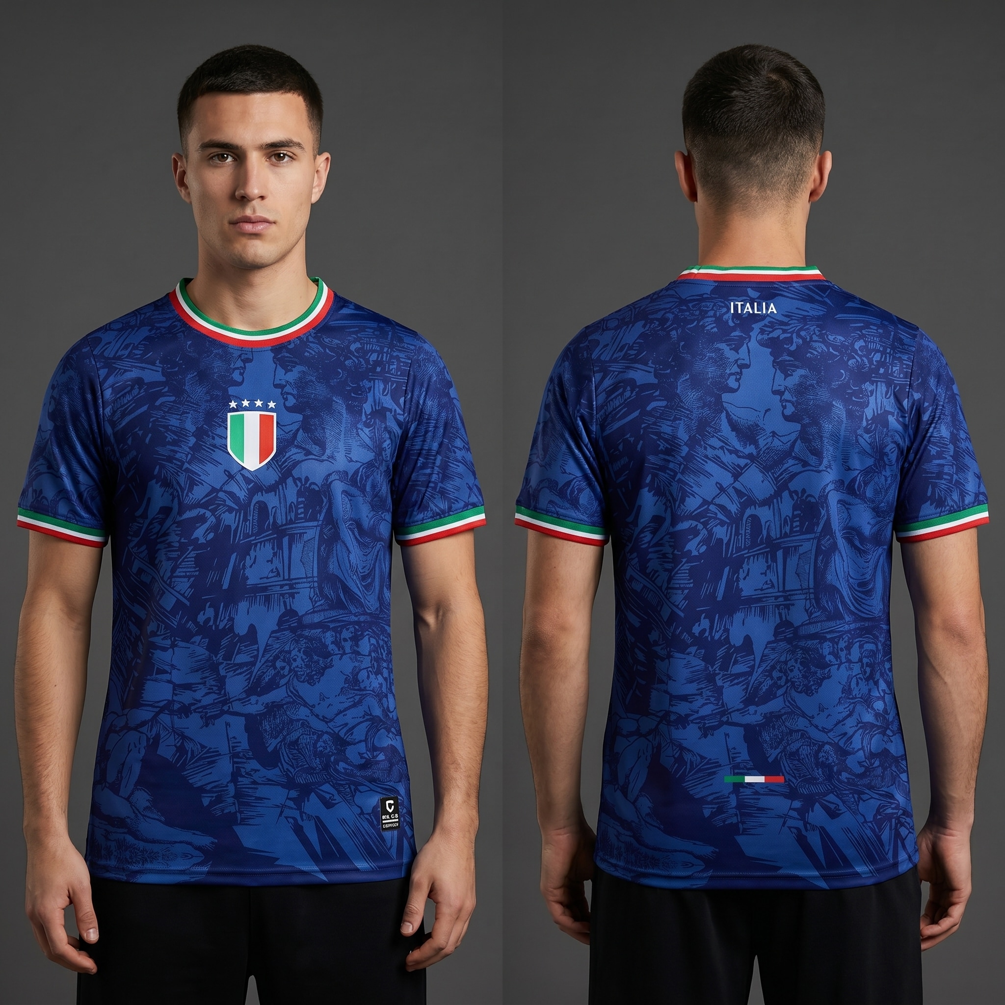 Model wearing Italy Vittoria Divina Premium Kit, a Touchline Drip fantasy football-inspired jersey