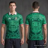 Model wearing Mexico 1998 'aztec' World Cup Jersey, a Touchline Drip football x streetwear jersey