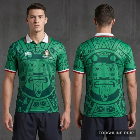 Model wearing Mexico 1998 'aztec' World Cup Jersey, a Touchline Drip football x streetwear jersey