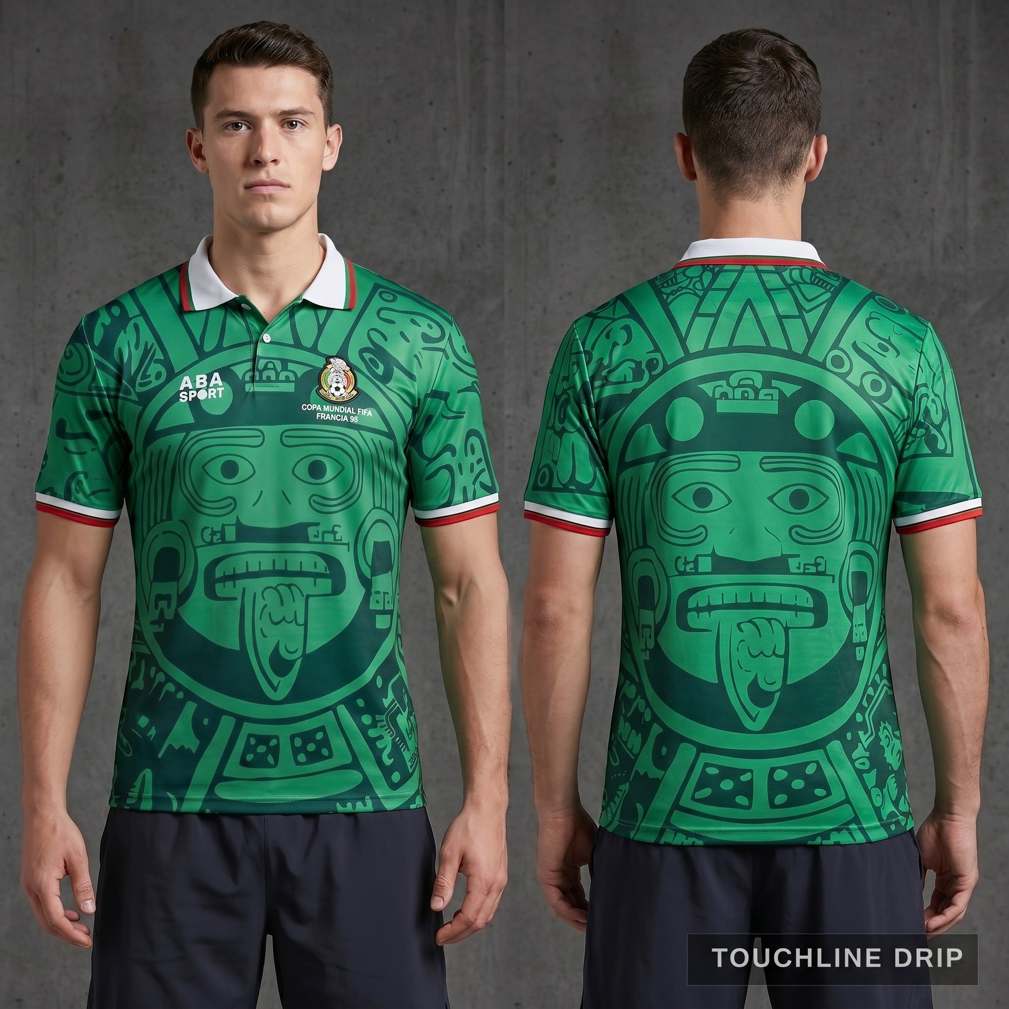Model wearing Mexico 1998 'aztec' World Cup Jersey, a Touchline Drip fantasy football-inspired jersey