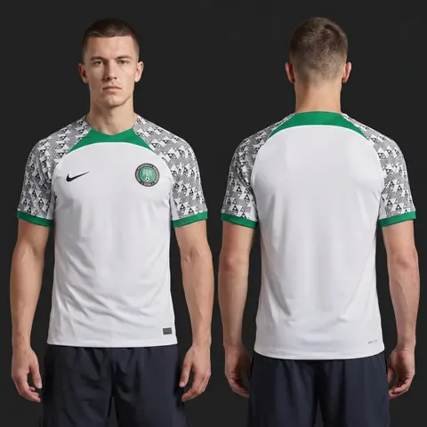 Model wearing Nigeria 2022 Away Jersey, a Touchline Drip football x streetwear jersey