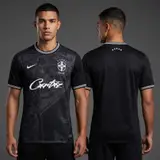 Model wearing Nike x Corteiz Blacked Out Brazil Concept Jersey, a Touchline Drip football x streetwear jersey