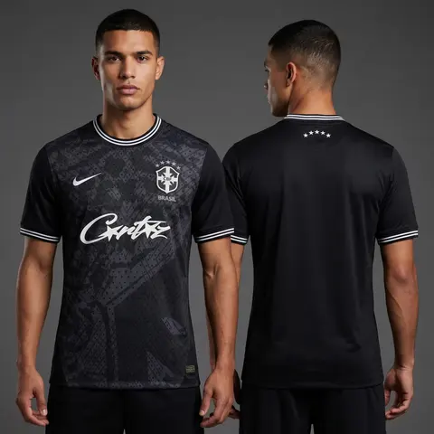 Model wearing Nike x Corteiz Blacked Out Brazil Concept Jersey, a Touchline Drip football x streetwear jersey