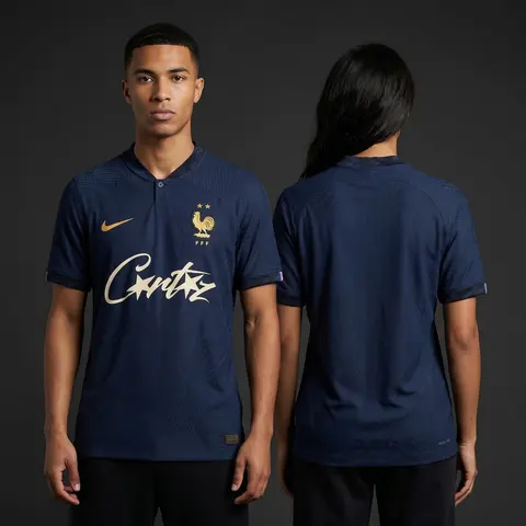 Model wearing Nike x Corteiz 2022 World Cup Jersey Deep Navy, a Touchline Drip football x streetwear jersey
