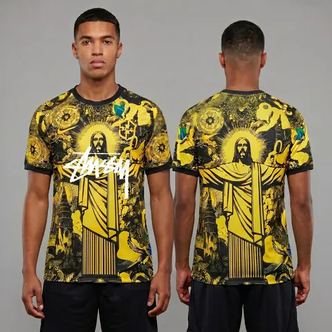 Model wearing Nike x Stussy Brazil Black and Yellow Christ the Redeemer Jersey, a Touchline Drip football x streetwear jersey