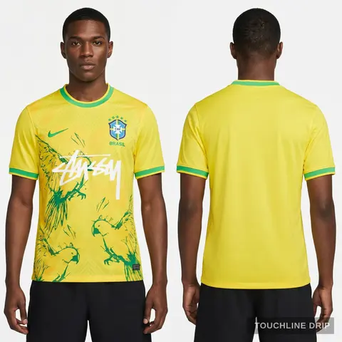 Model wearing Nike x Stussy Brazil Jungle Flight Concept Jersey, a Touchline Drip football x streetwear jersey